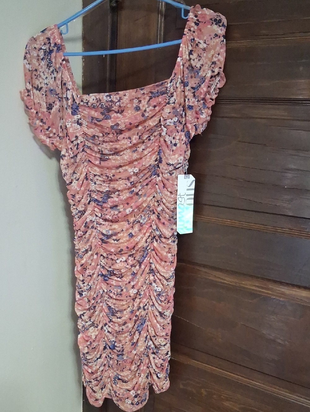 Ruched Floral Off-Shoulder Dress - Peach Pink with Navy Floral